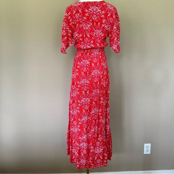 Abel The Label Boho Tiered Maxi Dress Women Small Cottagecore Red Flutter Sleeve - Picture 10 of 13